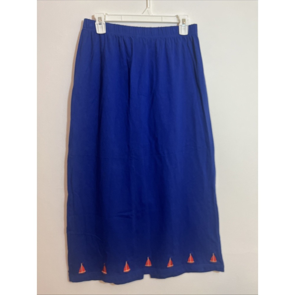 Quacker Factory Maxi Skirt Vintage Sailboat Pattern‎ Blue Stretch Size M Cotton